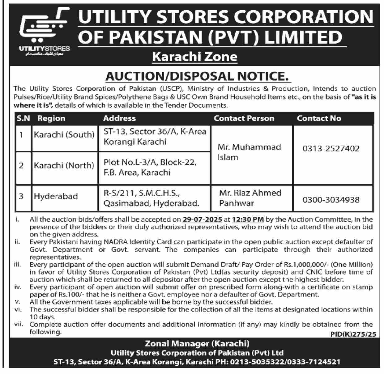 Utility Stores Corporation of Pakistan Karachi Tender Notice